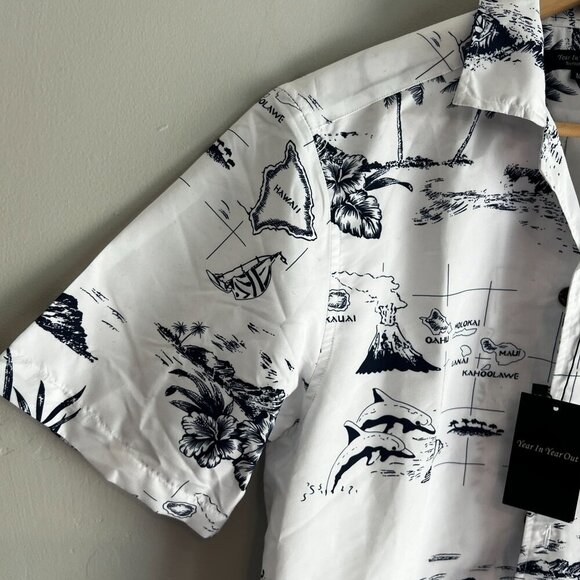 Year IN Year Out Men's Hawaiian Shirt MEDIUM Palmwave White Island Map Floral - Picture 4 of 9